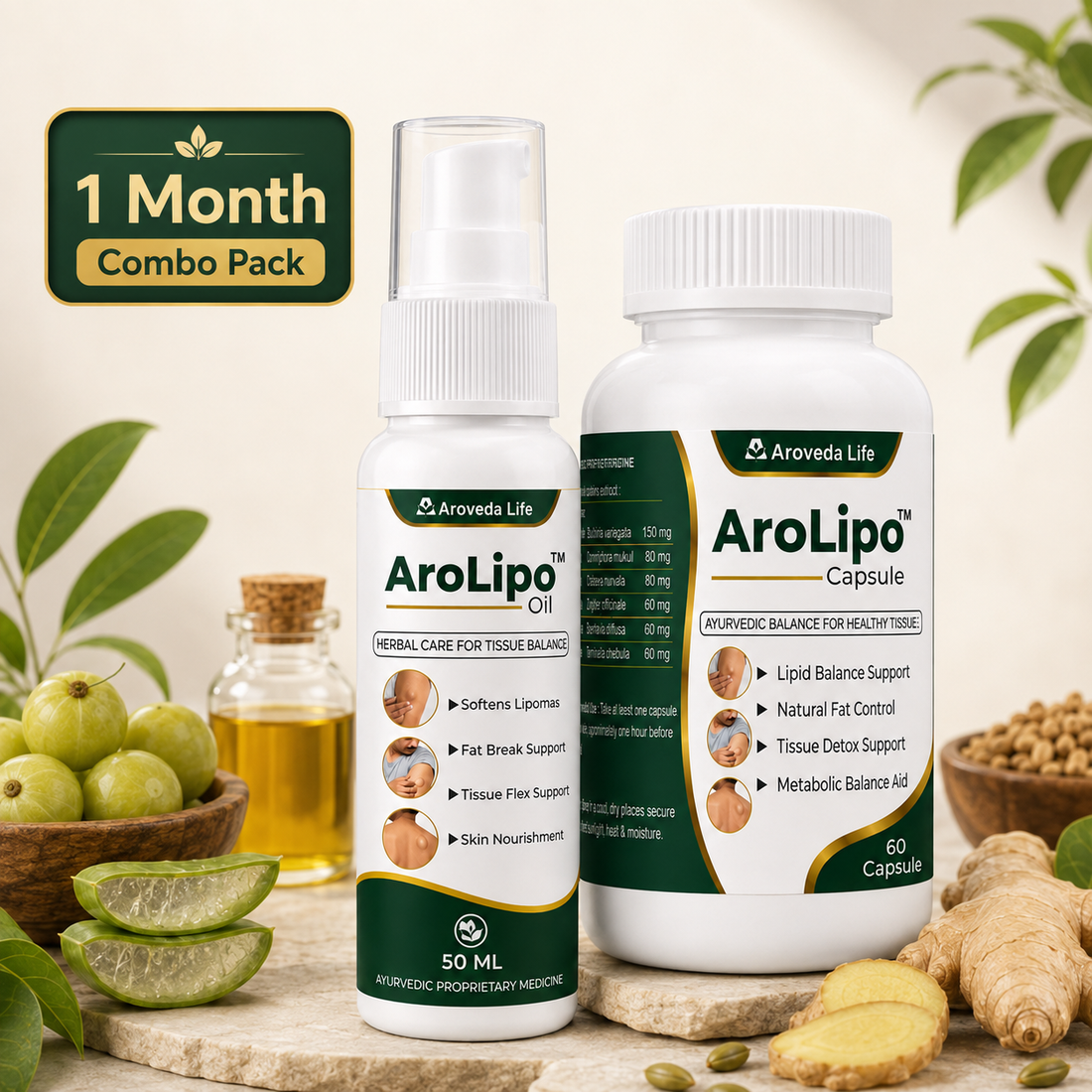 AroLipo™ Combo Pack – 60 Capsules + 50ml Oil | Ayurvedic Lipid Balance & Tissue Wellness Support