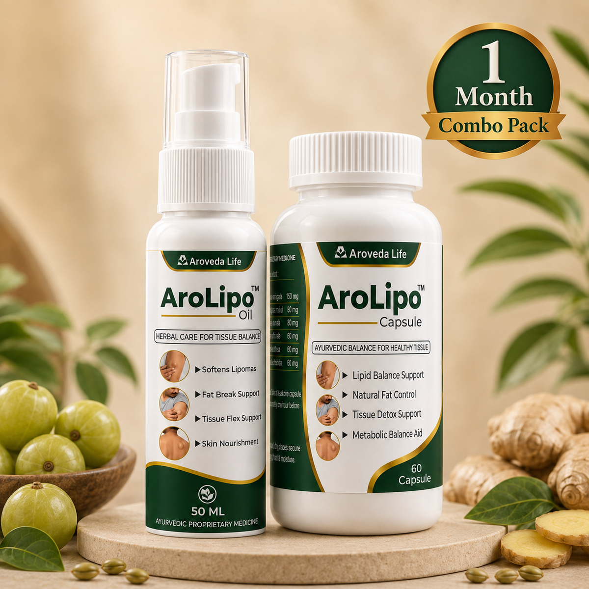 AroLipo™ Combo Pack – 60 Capsules + 50ml Oil | Ayurvedic Lipid Balance & Tissue Wellness Support