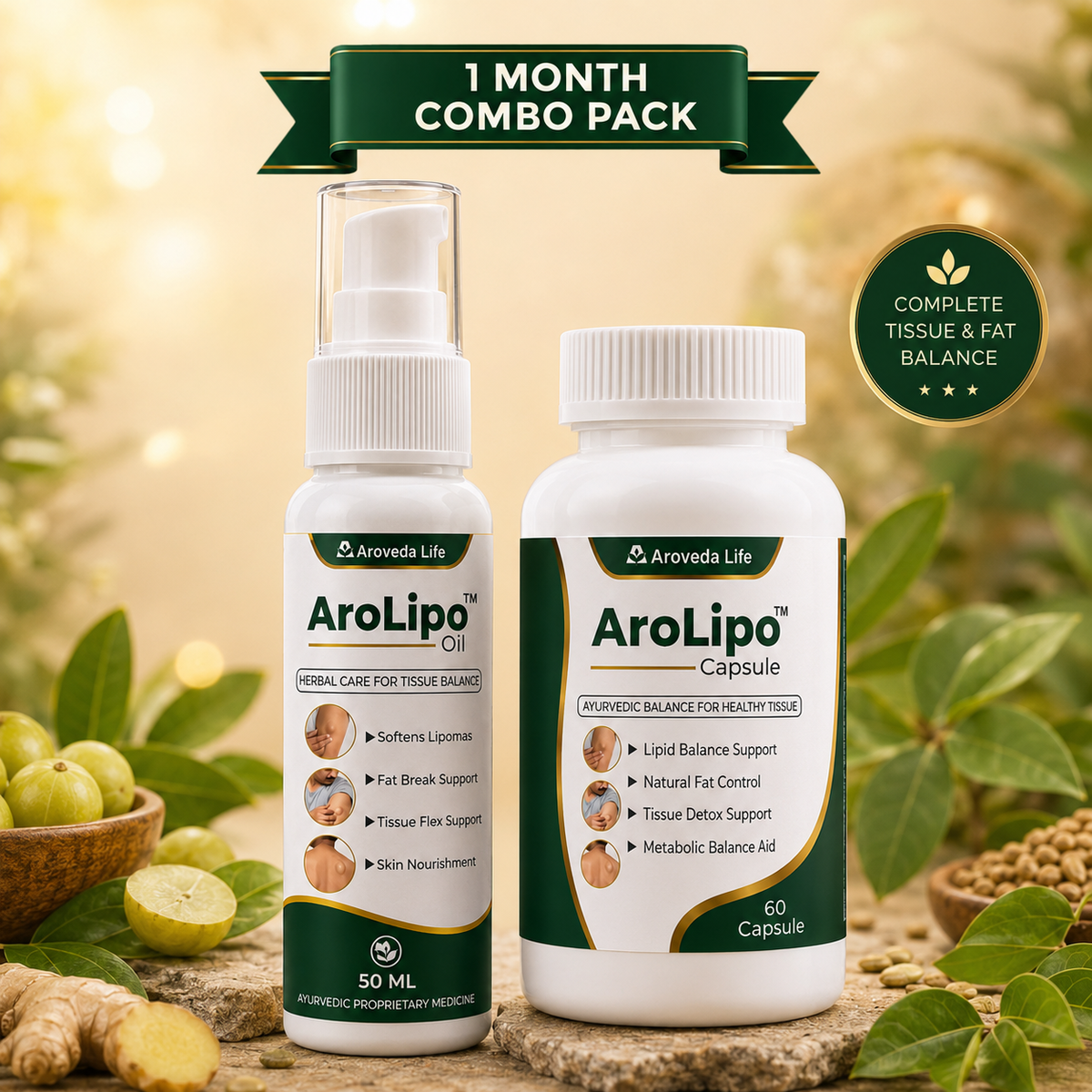 AroLipo™ Combo Pack – 60 Capsules + 50ml Oil | Ayurvedic Lipid Balance & Tissue Wellness Support