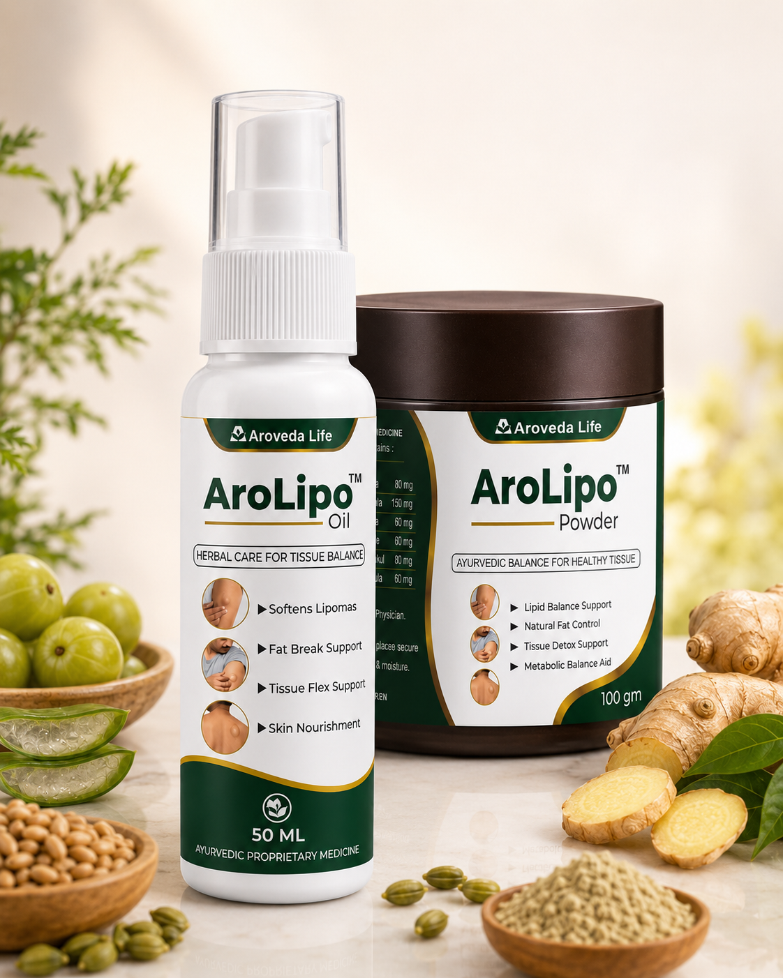 AroLipo™ Powder + Oil Combo Pack – 100gm Powder + 50ml Oil | Ayurvedic Lipid Balance & Tissue Wellness Support