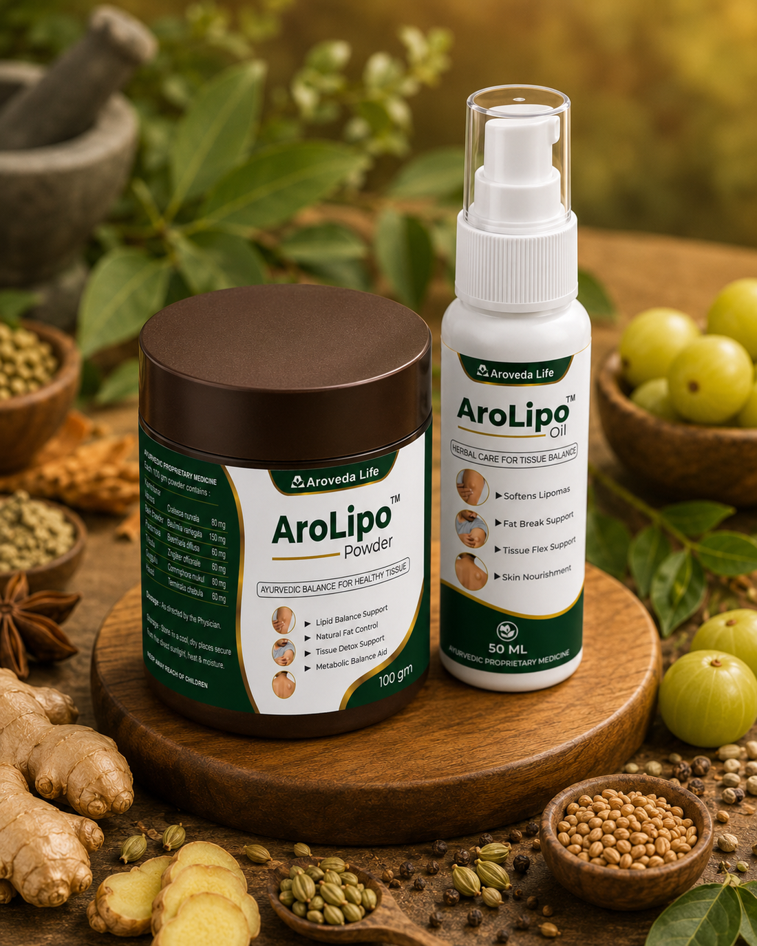 AroLipo™ Powder + Oil Combo Pack – 100gm Powder + 50ml Oil | Ayurvedic Lipid Balance & Tissue Wellness Support