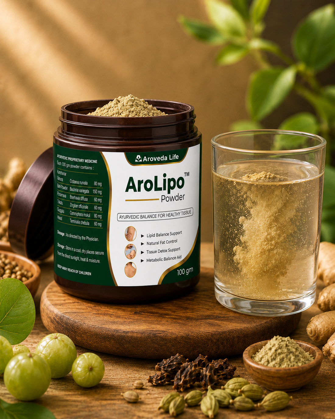 A jar of Aroveda Life AroLipo Powder sits on a wooden stand surrounded by natural ingredients like green amla fruits, ginger root, cardamom pods, and spices on a rustic wooden table with a warm, blurred background.