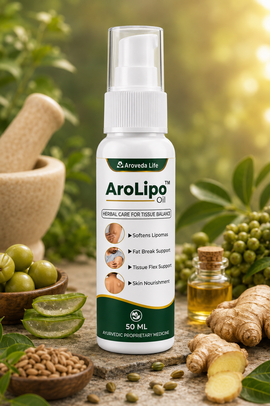 A promotional product image for Aroveda Life AroLipo Oil, featuring a 50 ml spray bottle in the center, surrounded by ingredients like aloe vera, turmeric, and whole grains. The background is a soft beige with decorative green leaves, and the top and bottom of the image feature text highlighting the product's benefits for skin and tissue support.