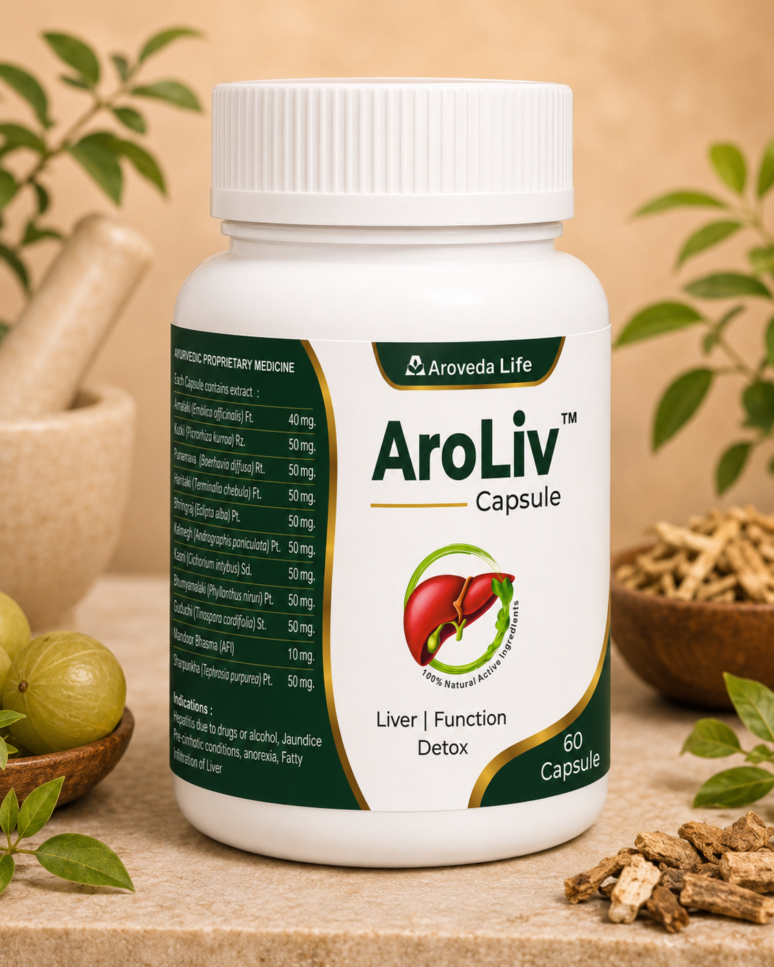 A white plastic bottle of Aroveda Life AroLiv Capsule liver and function detox supplement, styled on a beige stone surface with herbal ingredients like green amla fruits, dried roots, and leaves in the background.