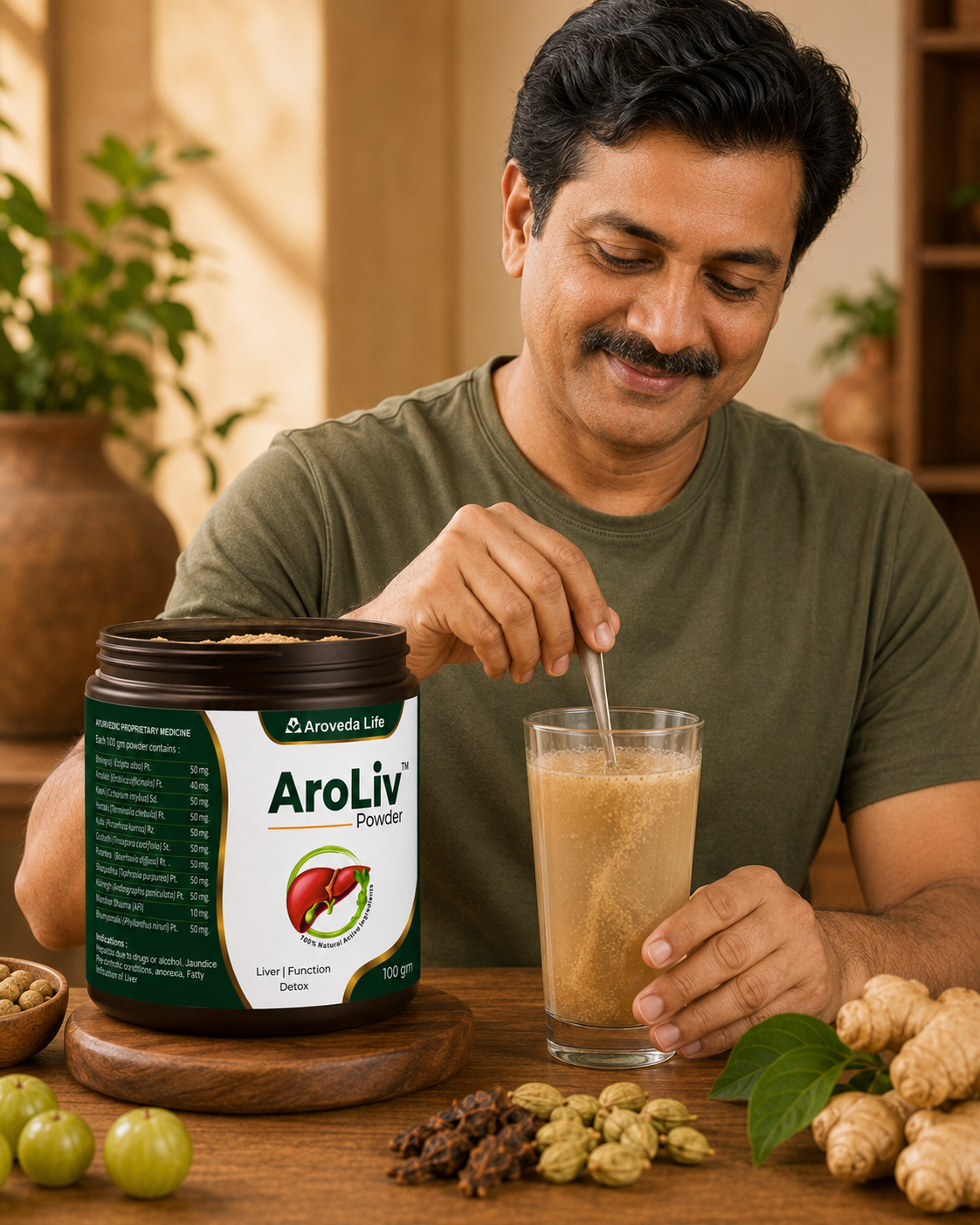 A man in an olive green t-shirt is shown drinking from a glass while a jar of AroLiv Powder supplement sits on a wooden table in the foreground. The scene is set in a warm, rustic indoor environment with ginger, green amla fruits, and spices on the table.