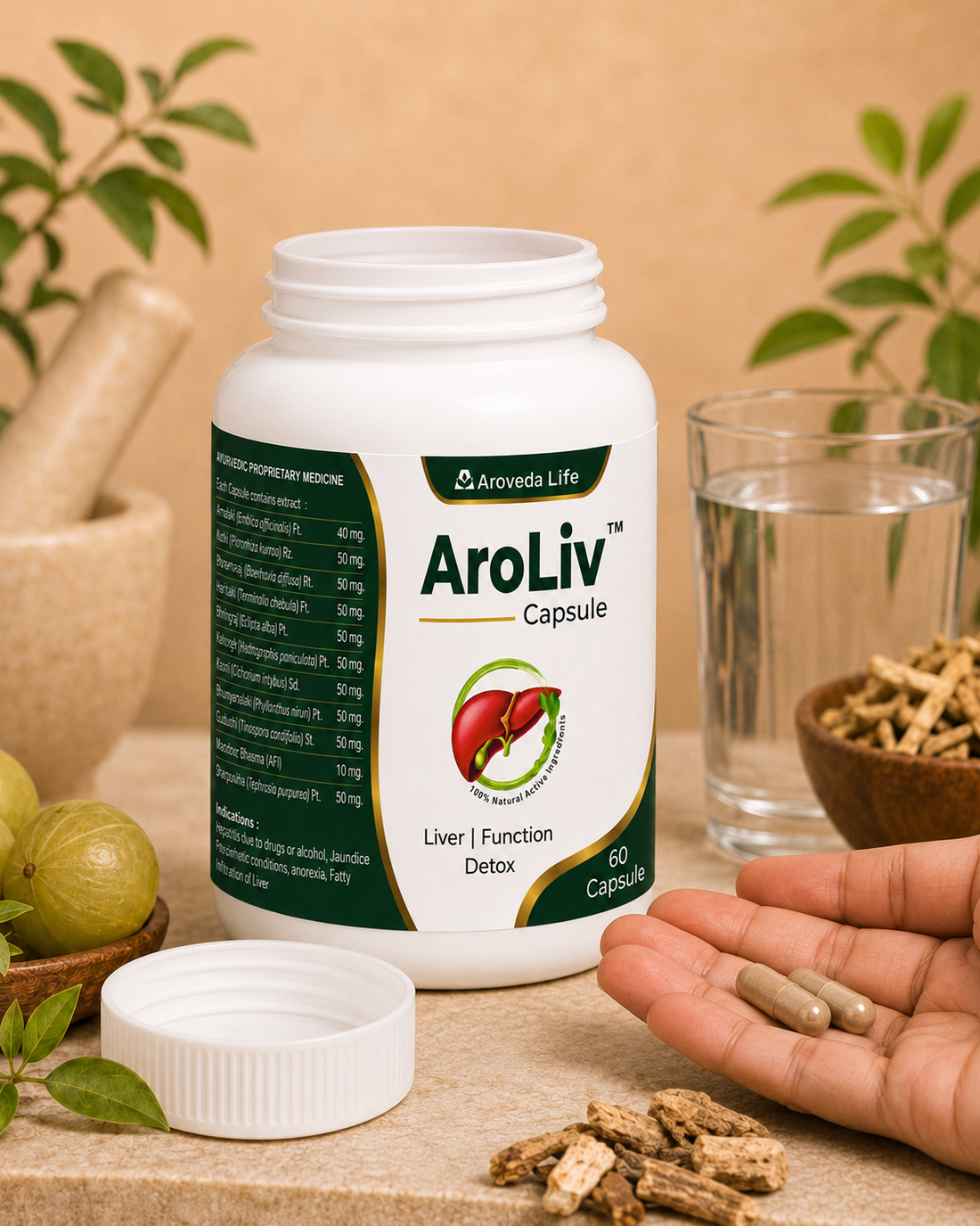 A white plastic bottle of Aroveda Life AroLiv Capsule liver and function detox supplement, styled on a beige stone surface with herbal ingredients like green amla fruits, dried roots, and leaves in the background.
