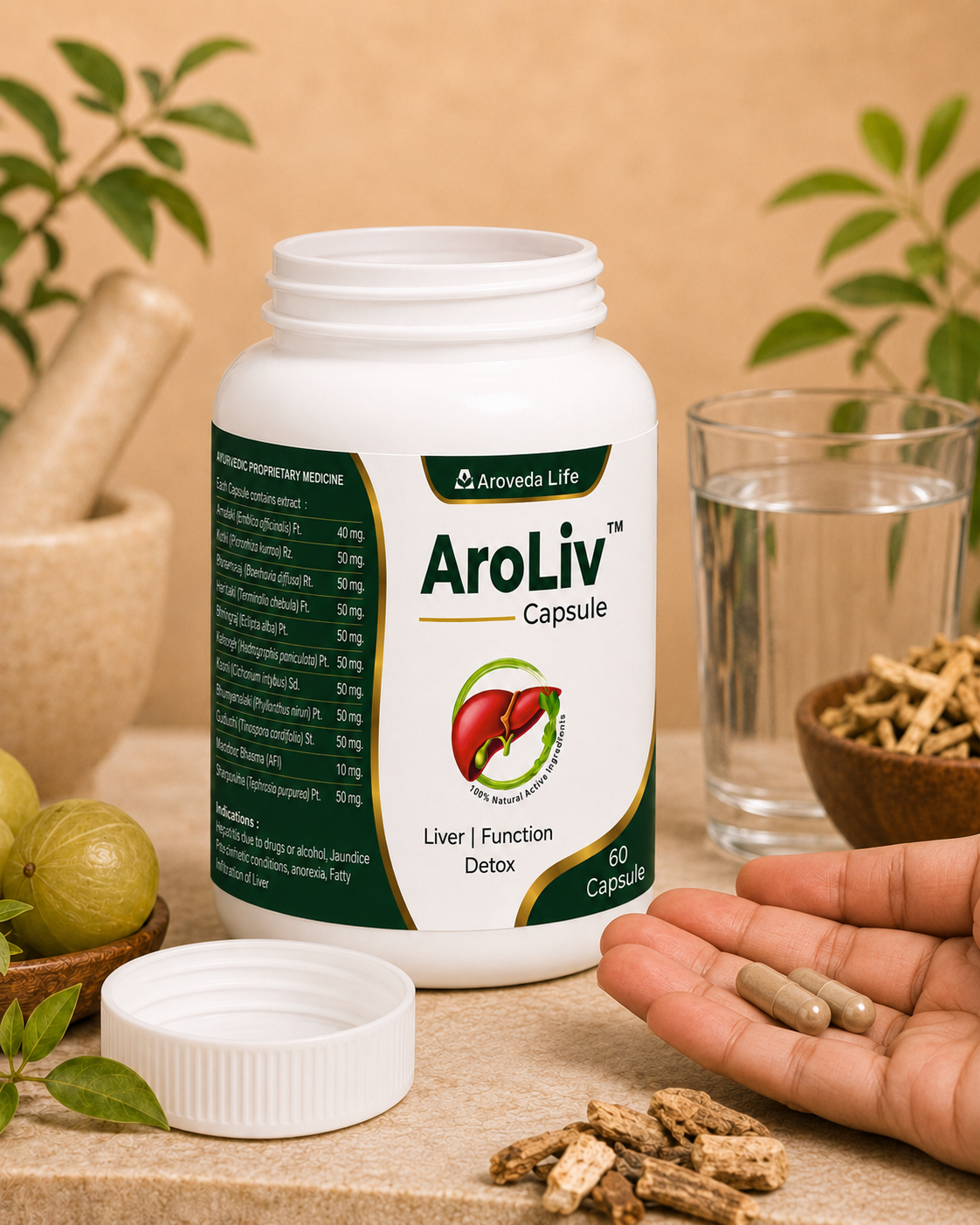 A white bottle of AroLiv Capsule dietary supplement by Arveds Life, shown with its cap off on a beige stone surface. A human hand holding two capsules is visible in the foreground, with herbal ingredients, a glass of water, and green leaves in the background.
