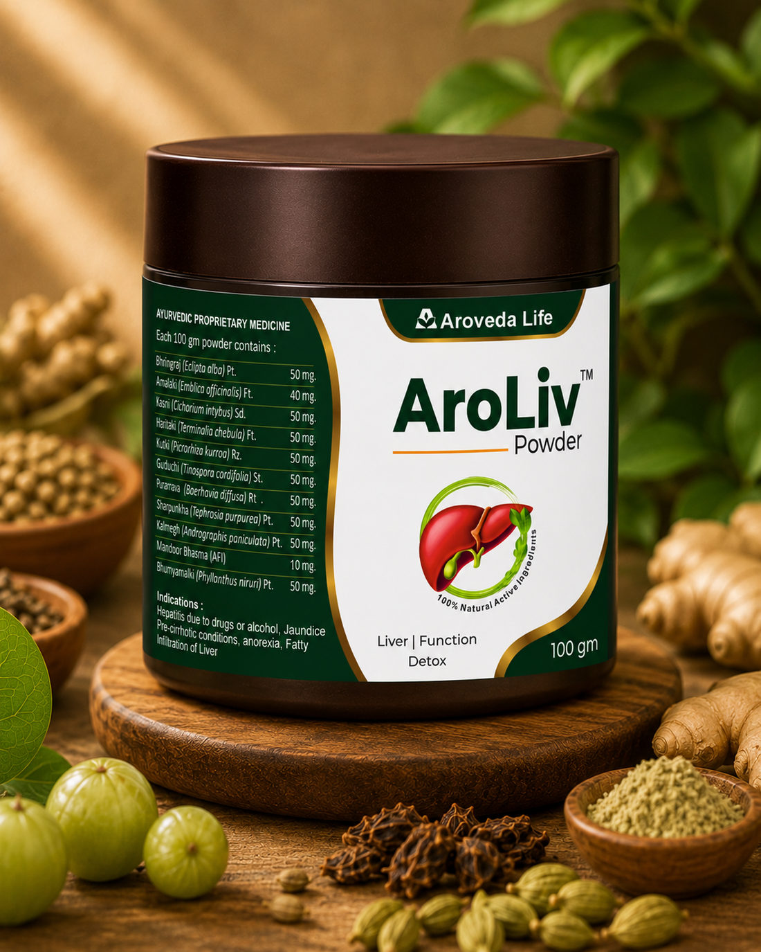 A jar of Aroveda Life AroLiv Powder placed on a wooden board with herbs, ginger, and green leaves around it, on a warm brown background.