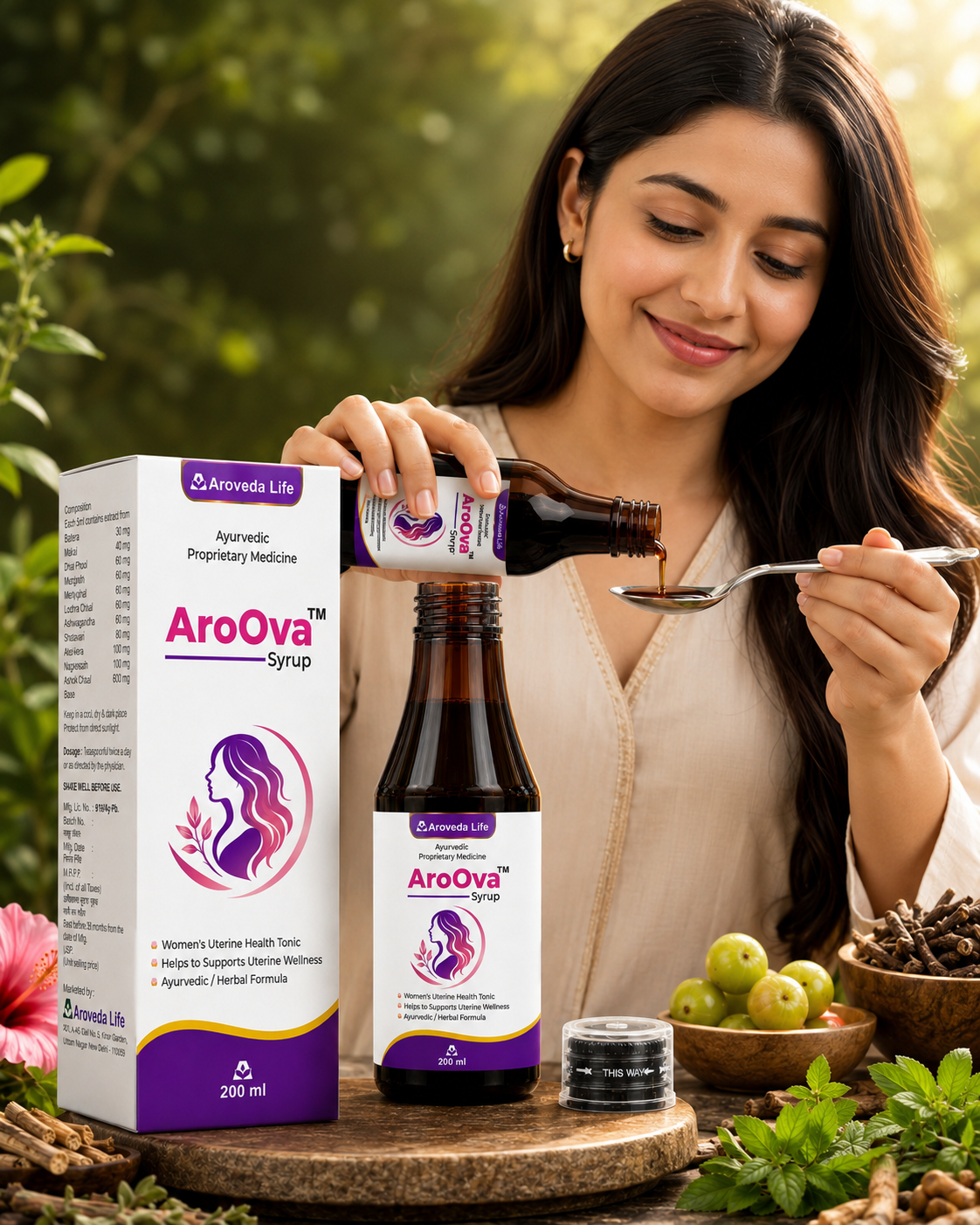 A woman in a cream-colored top is shown pouring a dark syrup from a brown bottle into a spoon, with the AroOva Syrup packaging box and bottle placed in front of her on a wooden surface outdoors.