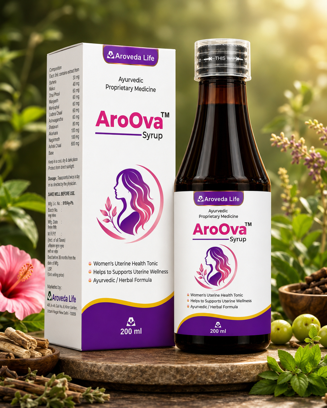 A bottle and box of AroOva Syrup by Aroveda Life, shown on a rustic wooden surface with herbs and flowers in a garden setting. The packaging is white with purple and pink graphics, and the bottle is dark amber glass with a purple and white label.