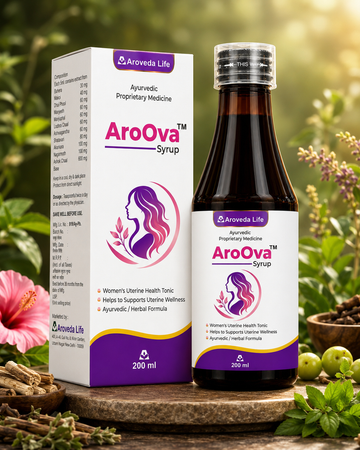 A bottle and box of AroOva Syrup by Aroveda Life, shown on a rustic wooden surface with herbs and flowers in a garden setting. The packaging is white with purple and pink graphics, and the bottle is dark amber glass with a purple and white label.