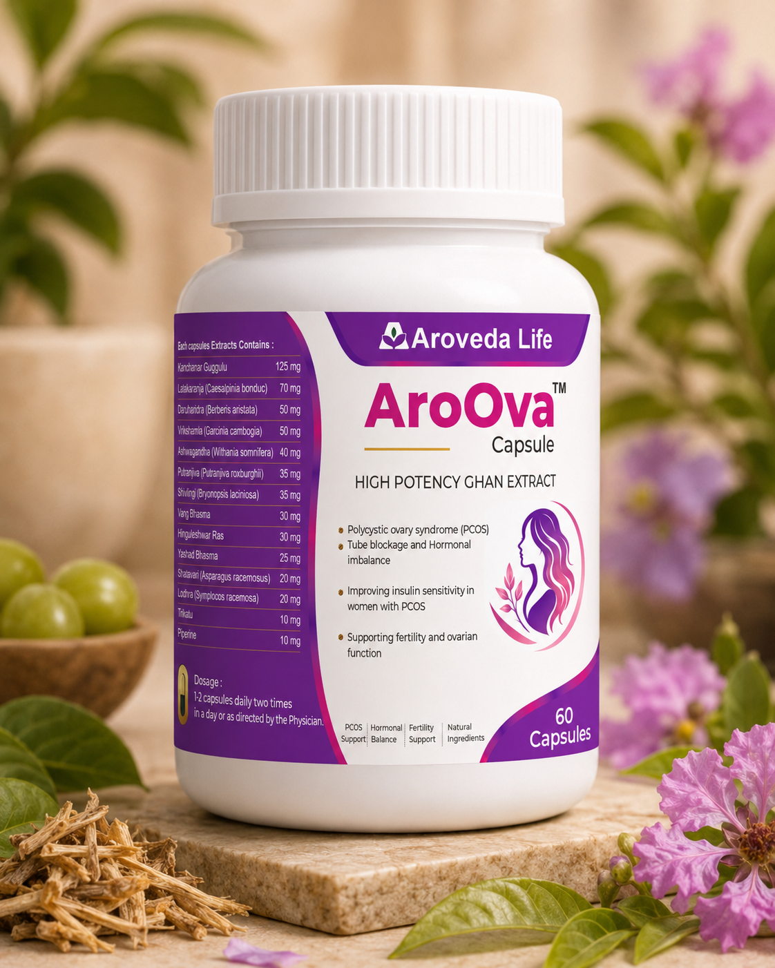 A white plastic bottle of Aroova Life AroOva Capsule High Potency Chain Extract, styled on a wooden block with herbal roots and purple flowers in a soft-focus background.