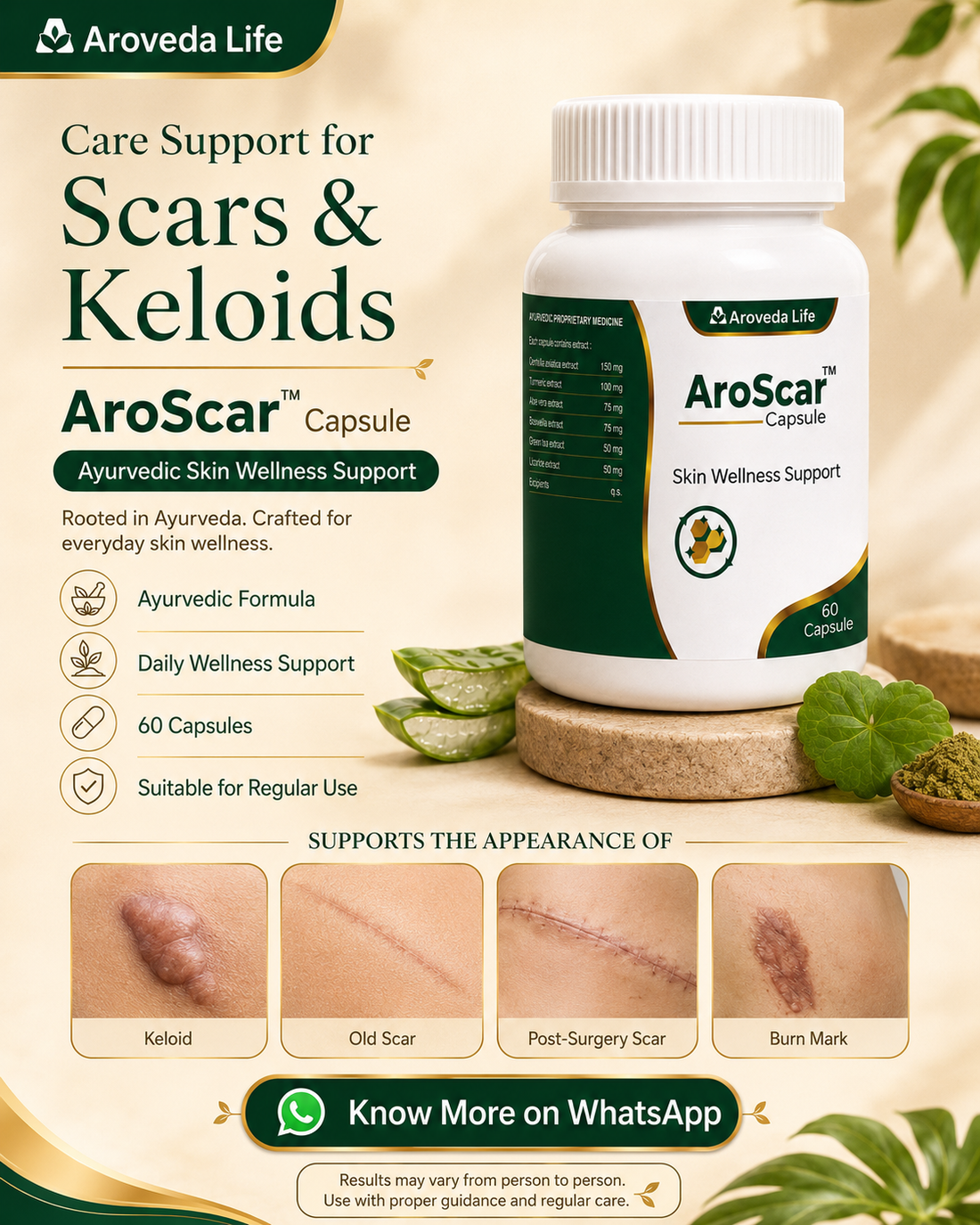 A white bottle of Aroveda Life AroScar Capsule herbal skin wellness support, displayed on a wooden pedestal with aloe vera leaves and honey bowls in the foreground, set against a warm beige background with promotional text.