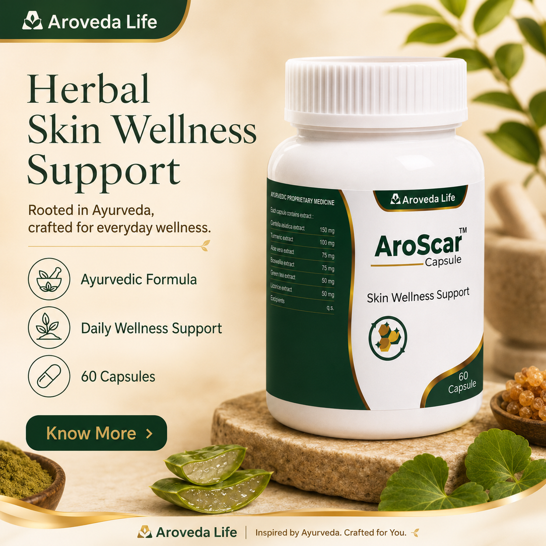 A white bottle of Aroveda Life AroScar Capsule herbal skin wellness support, displayed on a wooden pedestal with aloe vera leaves and honey bowls in the foreground, set against a warm beige background with promotional text.