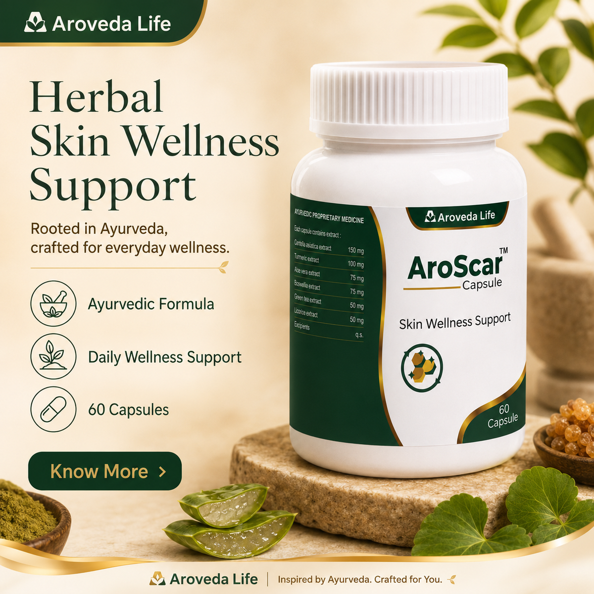 A white bottle of Aroveda Life AroScar Capsule herbal skin wellness support, displayed on a wooden pedestal with aloe vera leaves and honey bowls in the foreground, set against a warm beige background with promotional text.
