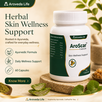 A white bottle of Aroveda Life AroScar Capsule herbal skin wellness support, displayed on a wooden pedestal with aloe vera leaves and honey bowls in the foreground, set against a warm beige background with promotional text.