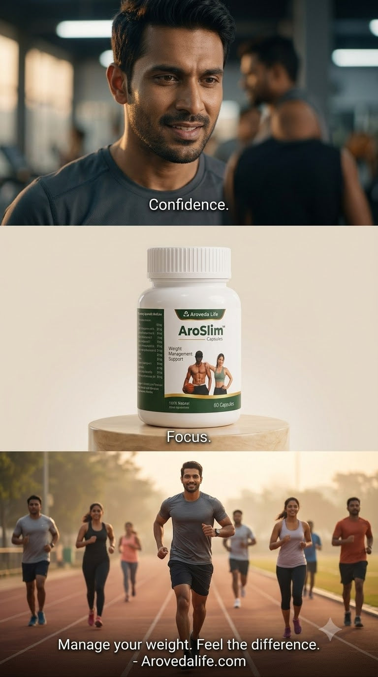 A promotional collage for AroSlim dietary supplements. The top panel shows a man in a gym with the text Confidence.