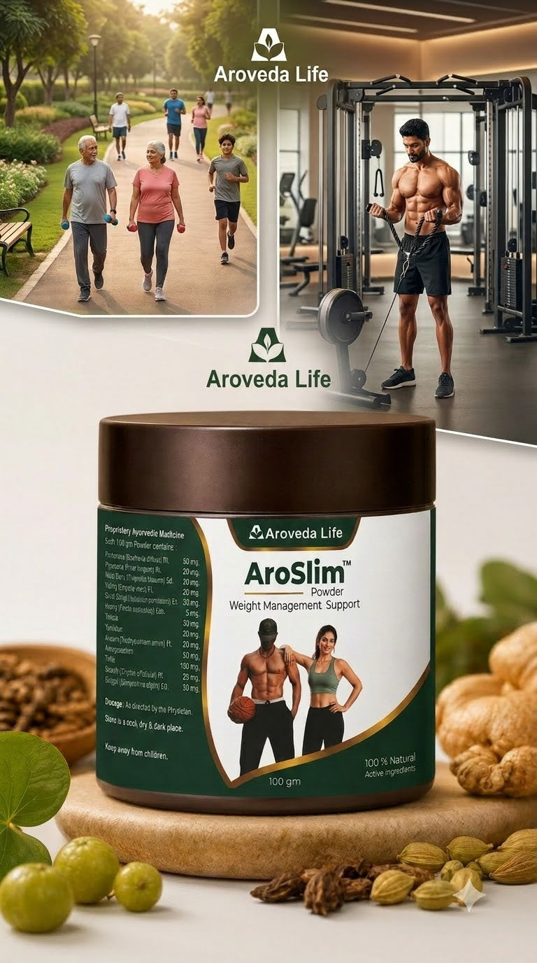 Aroveda Life AroSlim Powder weight loss supplement in a dark brown jar, styled on a wooden board with ginger, green berries, and spices against a warm, blurred background.