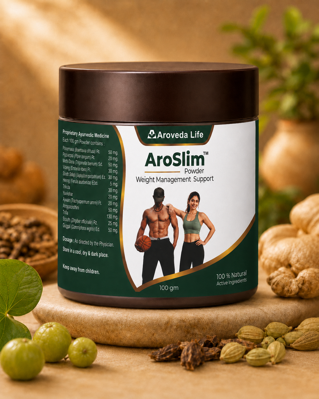 Aroveda Life AroSlim Powder weight loss supplement in a dark brown jar, styled on a wooden board with ginger, green berries, and spices against a warm, blurred background.