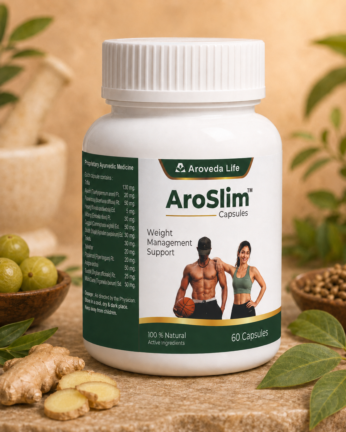 A white bottle of Aroveda Life AroSlim Capsules, labeled 'Weight Management Support' with 60 capsules, set on a rustic wooden surface surrounded by ginger, green grapes, and leaves.