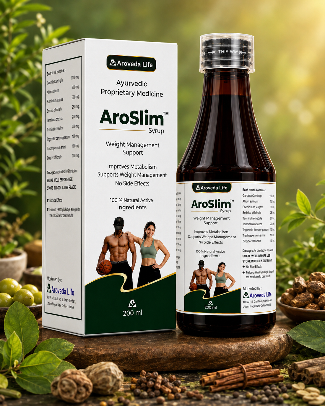 A bottle of AroSlim syrup and its packaging box displayed on a wooden surface with herbal ingredients like cinnamon, turmeric, and green leaves in the background. The brand is Aroveda Life.