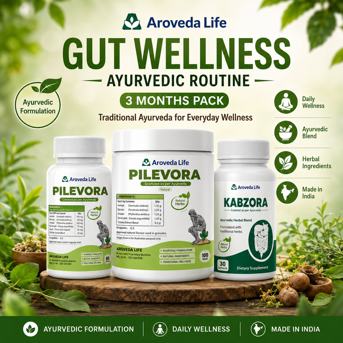 Three Aroveda Life Ayurvedic supplement bottles displayed on a wooden tray with green leaves and herbs around them. The products are Pilevora, Kabzora, and an unnamed gut wellness routine pack.