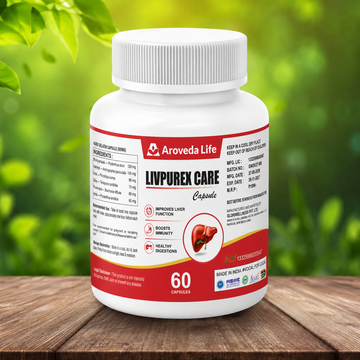 Aroveda Life Livpurex Care supplement bottle on a wooden surface with a green blurred background